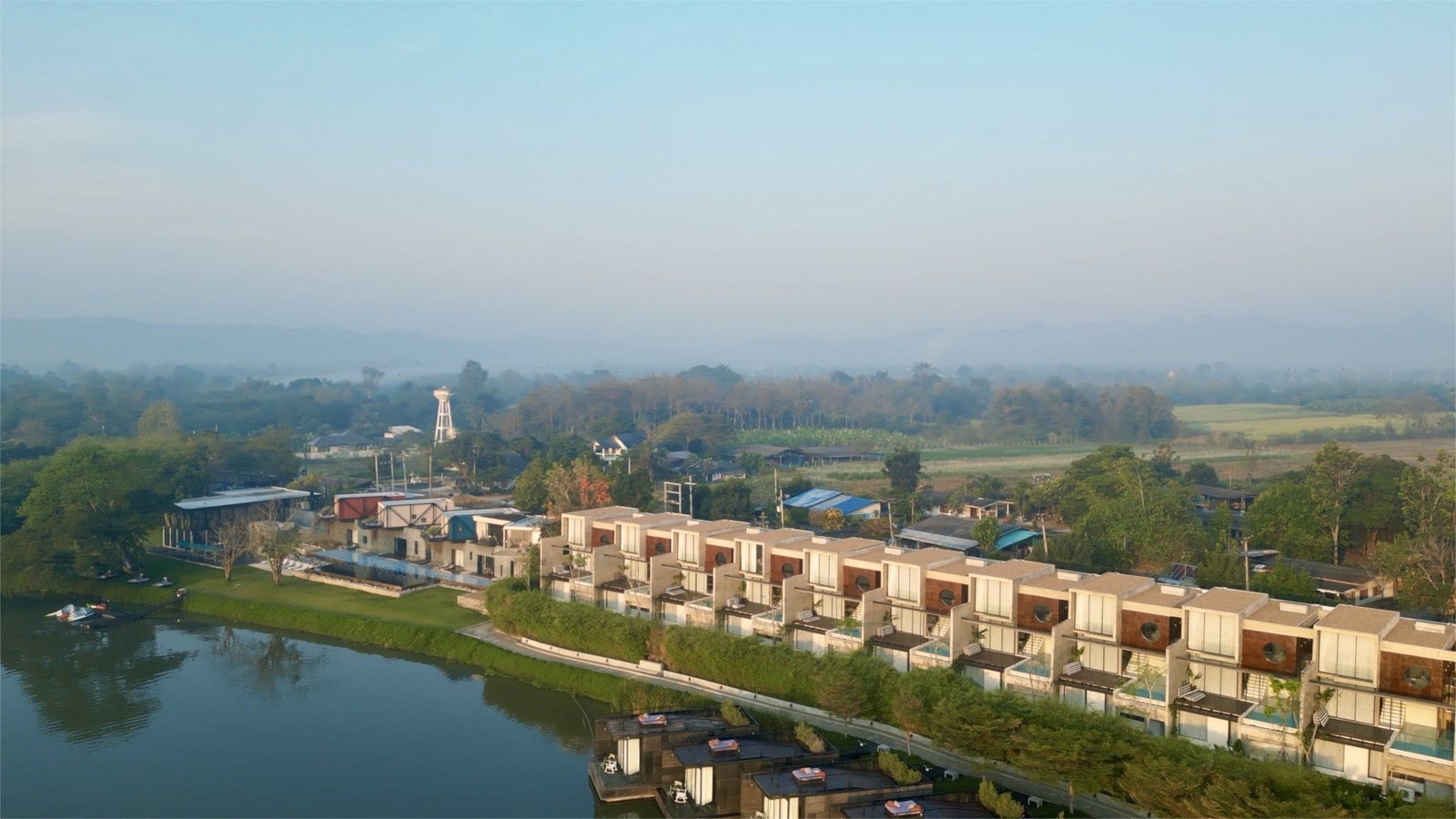 Cross River Kwai — aerial of the riverside villas on the River Kwai