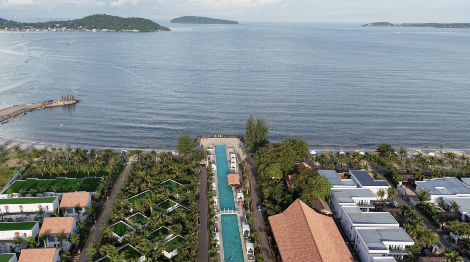 Royal Beach resort from the air — the pool running towards the sea, Koh Sdach
