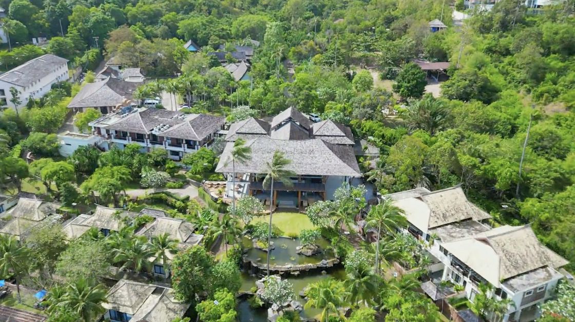 Aerial over the resort, set into the Samui hillside