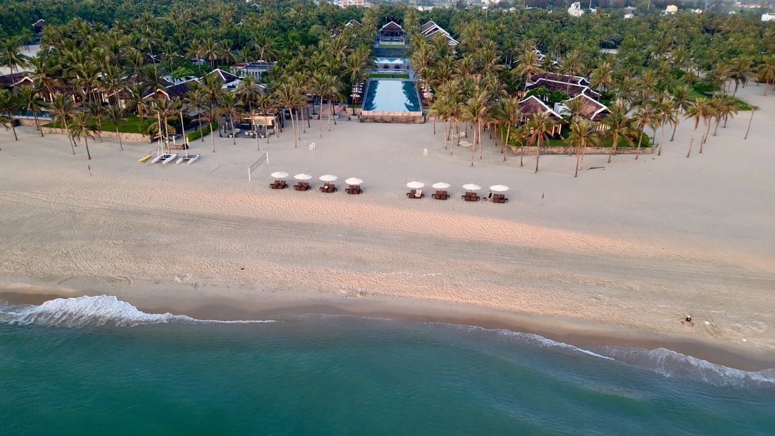 Aerial over the resort and shoreline