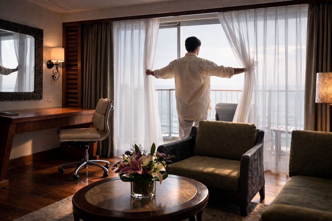 Calm hotel room with a view — the quiet space a voiceover is recorded for