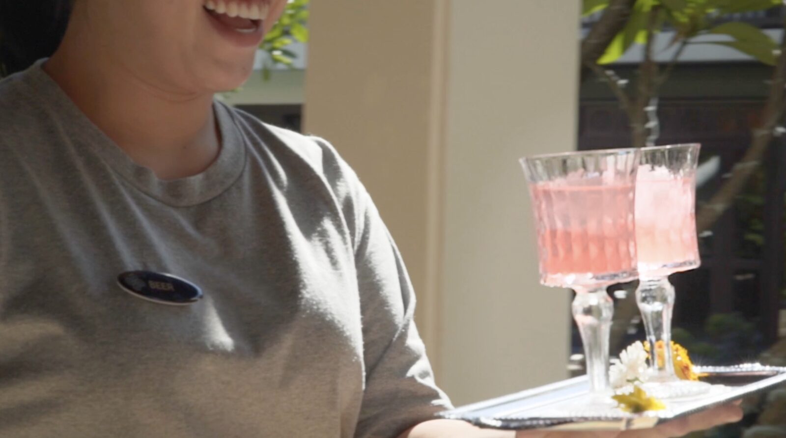 Drinks on their way across the courtyard
