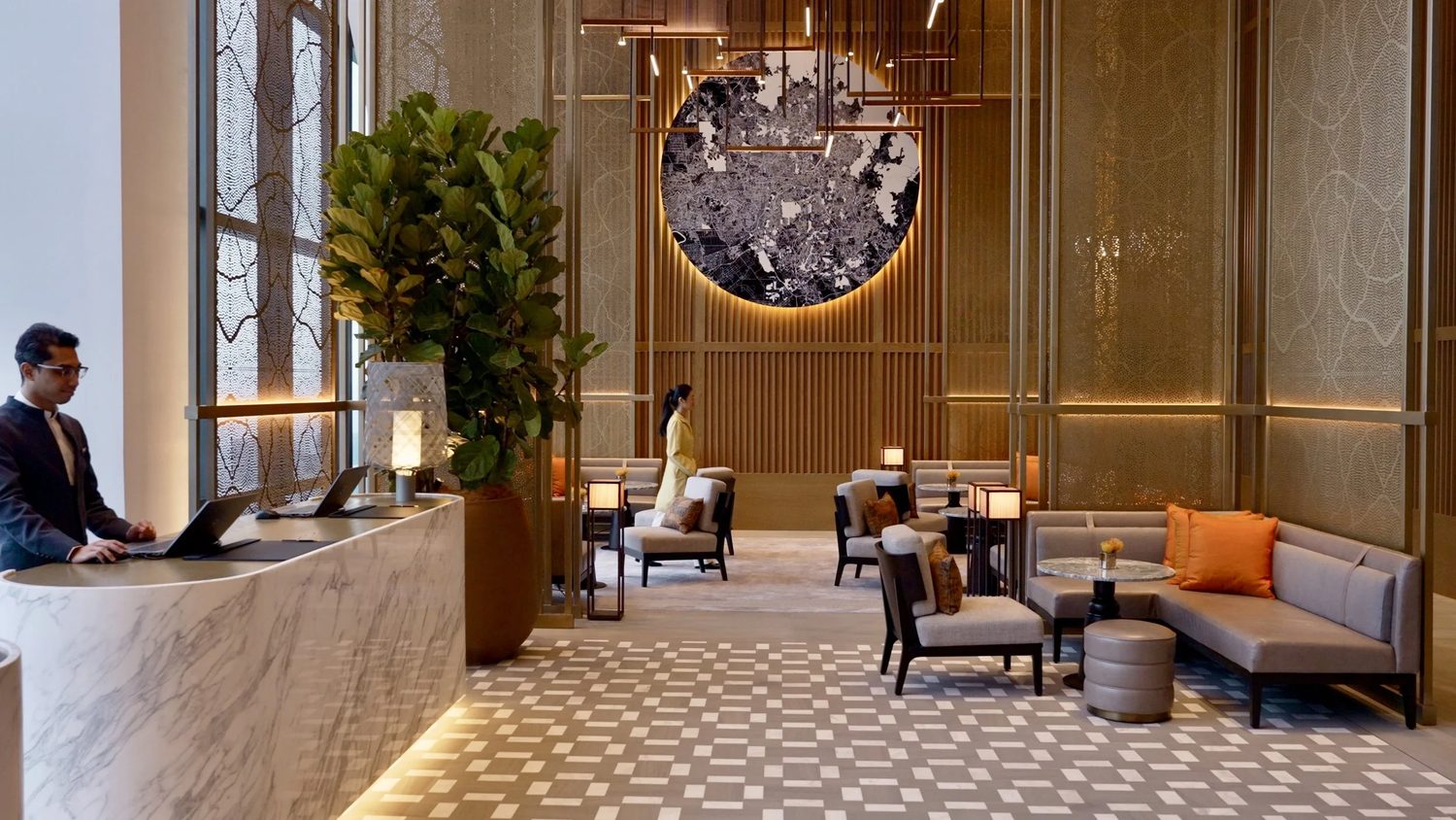 The lobby, quiet between arrivals